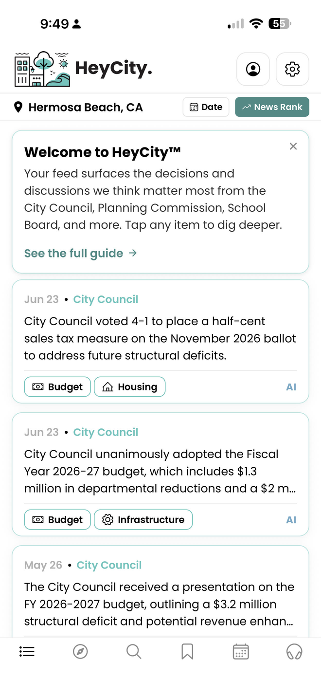 HeyCity app feed showing Hermosa Beach city council summaries