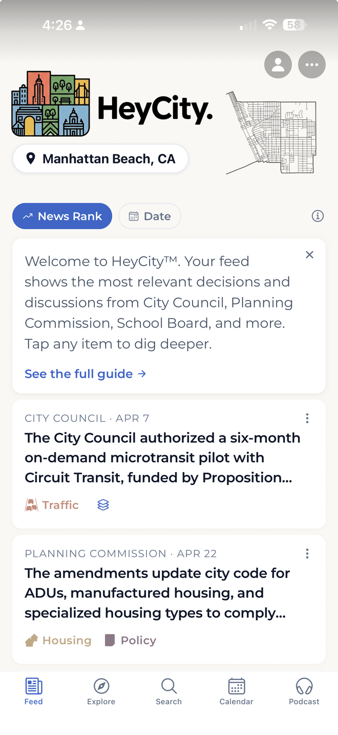 HeyCity app feed showing Manhattan Beach city council and planning commission summaries